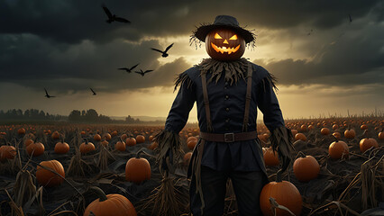 A pumpkin-headed scarecrow with glowing eyes, standing in a dark cornfield under stormy skies, surrounded by crows with human eyes.