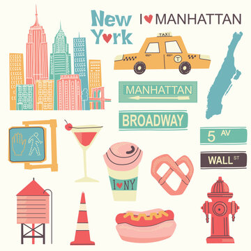 New York clipart Manhattan vector set illustration isolated on white for design. Vector color New York Manhattan culture retro symbols for design, website, presentation, cards, icons