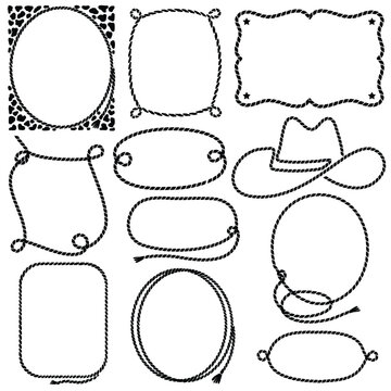 Rope frames vector graphic illustration isolated on white background for design. Vector cowboy lasso black silhouette set .