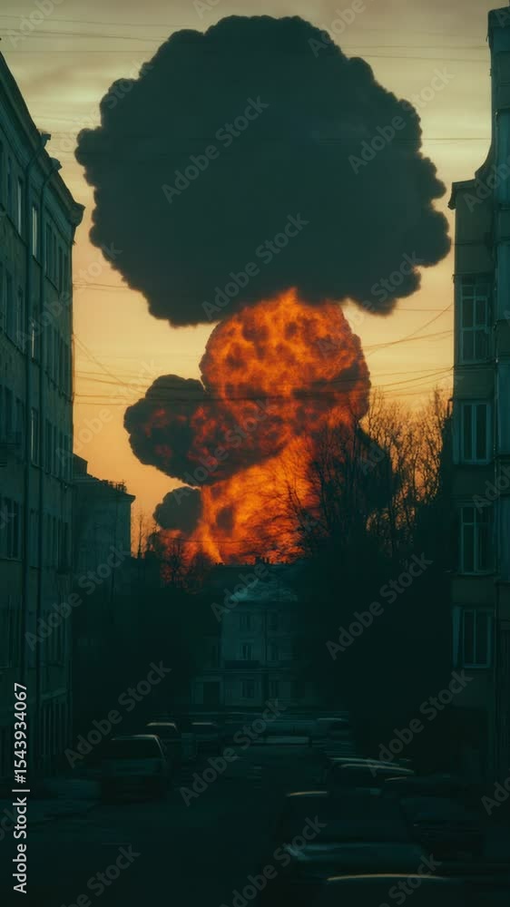 Aufkleber a city street with a large mushroom cloud rising in the background, indicating a possible nuclear ex