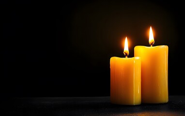 Two candles are lit and are on a black background with copy space AI Generated