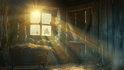 Sunlit rustic barn interior with hay-filled manger and wooden door - Powered by Adobe