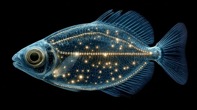 Real image of marine hatchetfish glowing ventral photophores as camouflage mechanism realistic deep ocean depiction