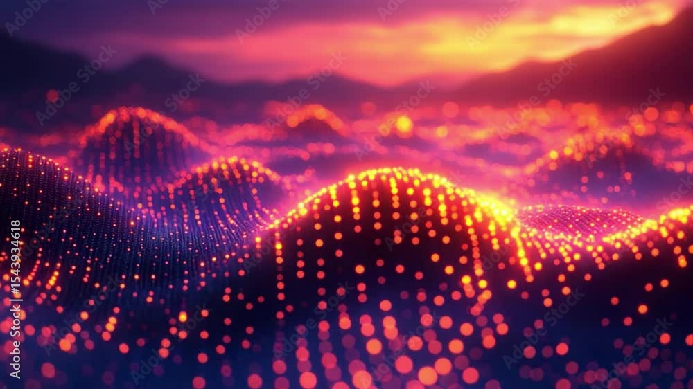 Leinwandbilder Digital Data Landscape: An ethereal, glowing landscape is revealed, crafted from a mesmerizing array of shimmering data points that seem to undulate across an abstracted terrain.