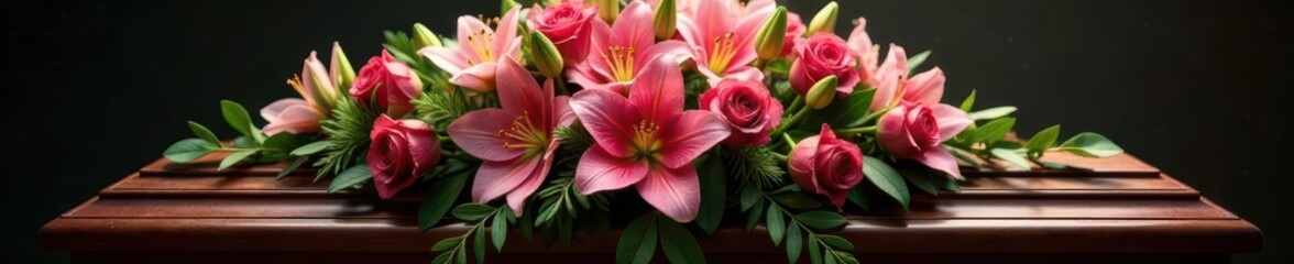 Fototapeta premium A somber arrangement of lilies and roses adorns a closed casket , lilies, still life