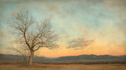 Bare tree at dawn overlooking a valley.