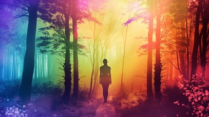 Fototapeta premium Woman walking in a rainbow forest path into light. Fantasy concept.