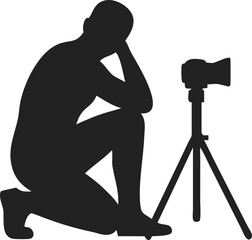Silhouette of Pensive Photographer Kneeling Beside Tripod Camera – Solid Black Figure with Head Resting on Hand – Minimalist Black and White Vector for Creative, Reflective, & Artistic Design Concept