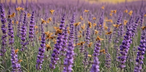 Buzzing golden swarm over vibrant lavender  Nature's symphony of color and scent ,  golden,  bloom