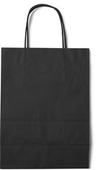 A plain black paper bag with two handles, suitable for carrying items or gifts.