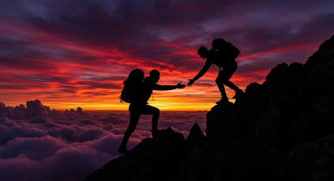 Silhouette of Two Hikers Helping Each Other on a Mountain at Sunset