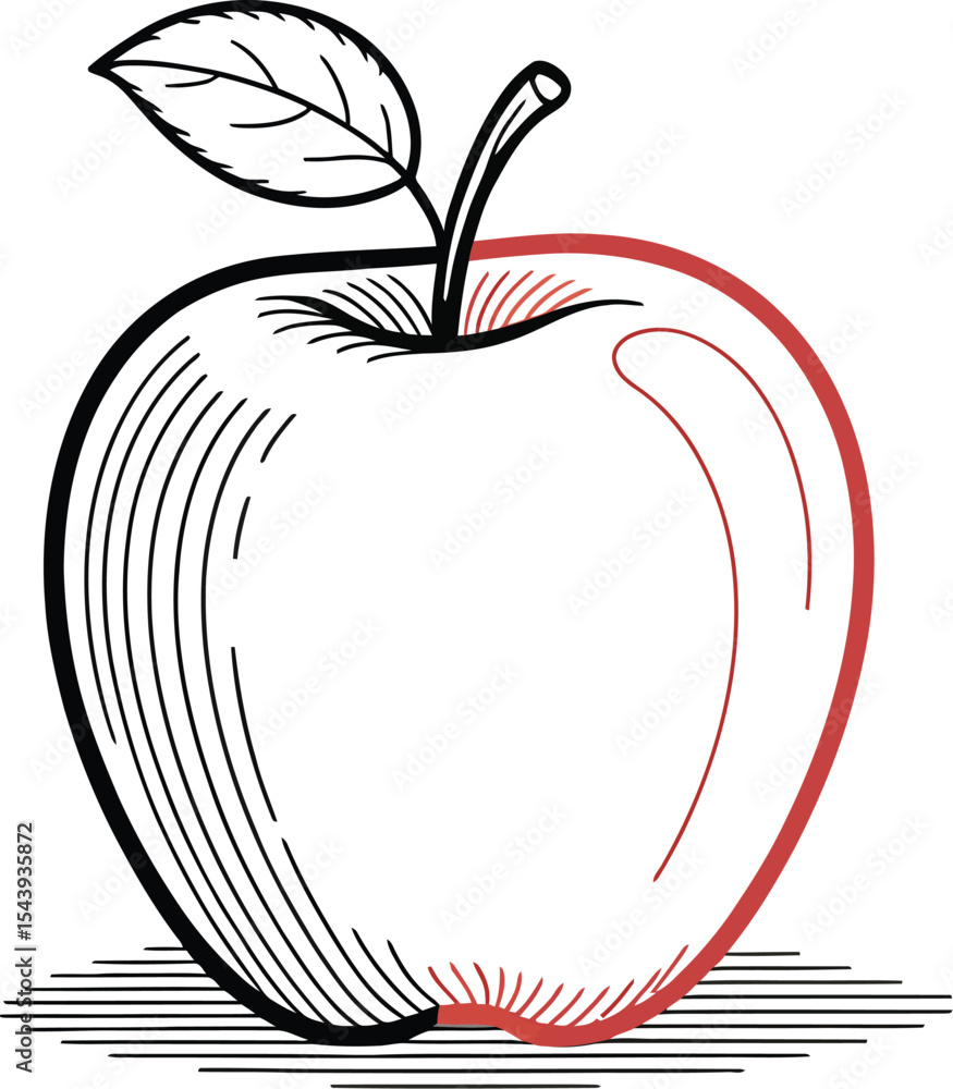 Poster a drawing of an apple with a leaf and a red outline on a white background