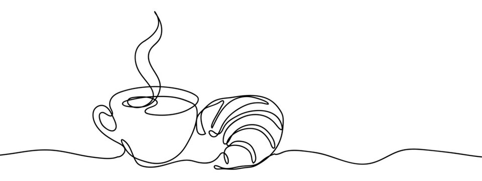 Naklejki Continuous line coffee cup and croissant food illustration Simple art lines on transparent background, editable strokes.