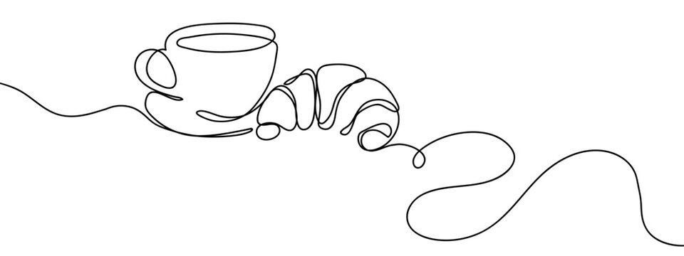 Continuous line coffee cup and croissant food illustration Simple art lines on transparent background, editable strokes.