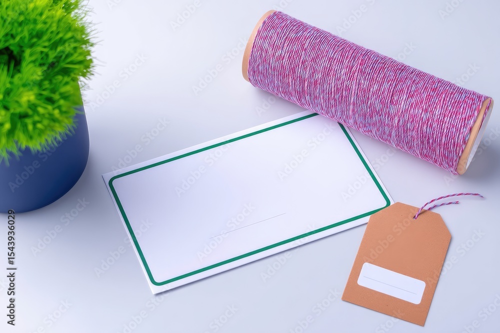 Poster flatlay stationery mockup with string and paper roll