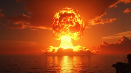 Nuclear explosion mushroom cloud over ocean at sunset, fiery orange sky
