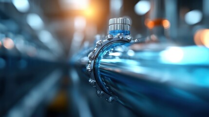 A striking close-up of a blue industrial pipe fitting bathed in soft light, emphasizing the intricacies of machinery and the beauty in industrial design and functionality.