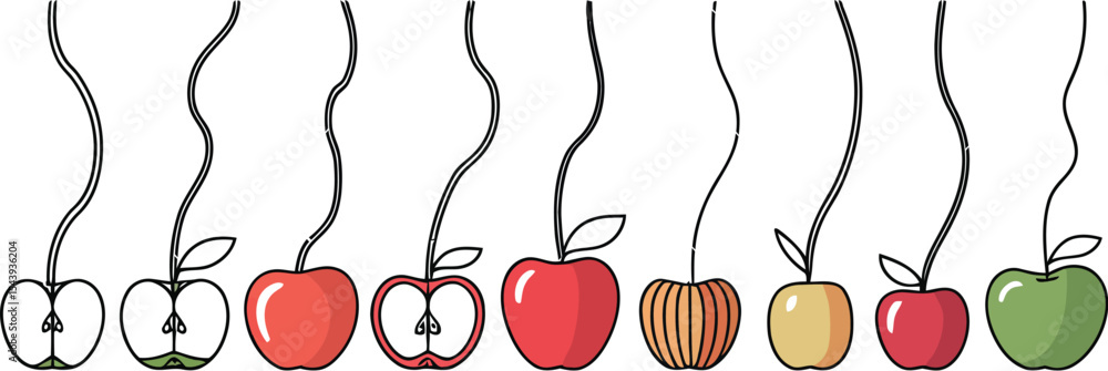 Poster a row of stylized apples in varying colors and states of completion drawn