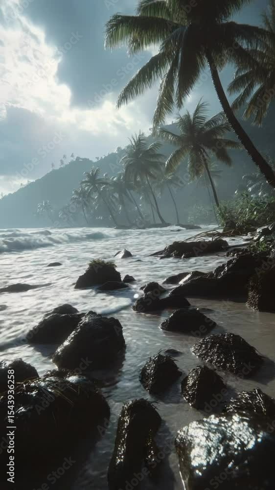 Poster a serene coastal scene featuring palm trees and open water