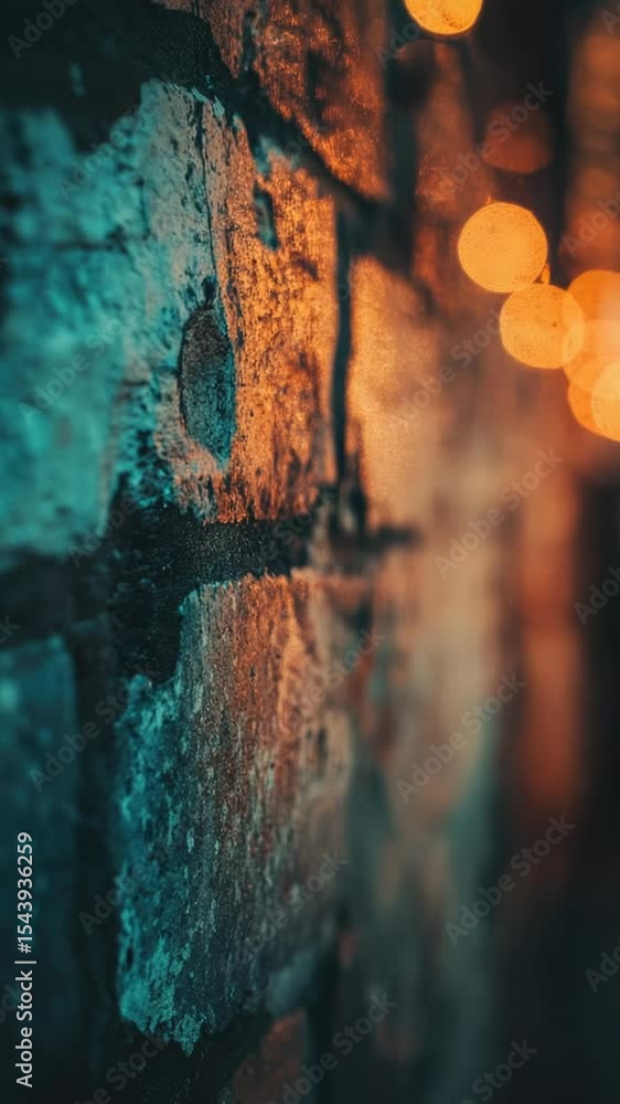 Poster A close-up of a brick wall with soft lights in the background, ideal for use as a decorative element or architectural illustration