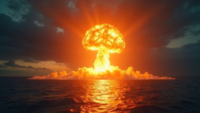 Massive nuclear explosion mushroom cloud over ocean at sunset