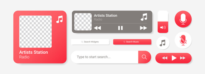 Modern music interface widget kit. Flat vector UI elements for radio, voice search, playback controls, and audio apps. Clean gradient buttons and media player templates for mobile and web.
