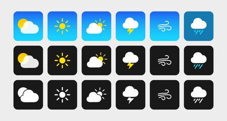 Modern weather UI icon set. Vector flat symbols for sun, rain, wind, clouds, and storm in light and dark modes. Perfect for apps, widgets, and mobile interface design.