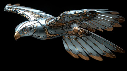 A mechanical bird in flight, crafted from polished metal parts with intricate detailing. 
