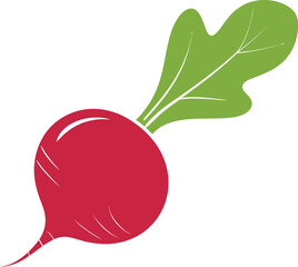 Illustration of a single red radish with a green leaf on a white background
