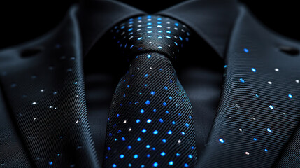 Close-up of a dark suit jacket and tie.  The tie features a subtle, repeating pattern of luminous blue dots