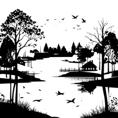 Obraz premium “Lakeside village silhouette in autumn, colorful trees simplified into shapes, flat art style”
