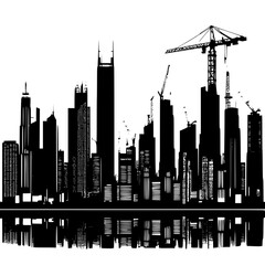 Fototapeta premium “Metropolis silhouette at sunrise with cranes and skyscrapers, industrial cityscape art”