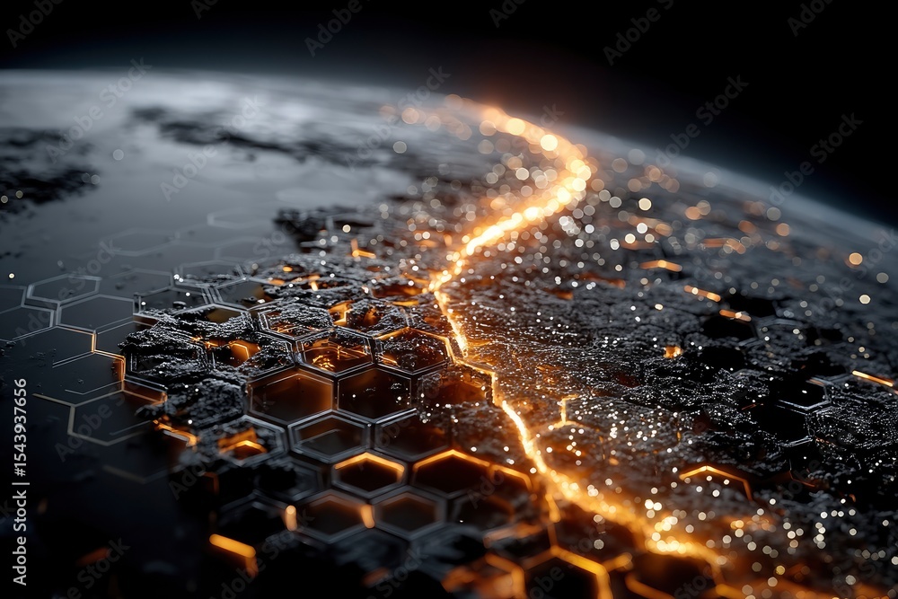 Poster futuristic connected earth showing data flow in orange and dark hexagon pattern