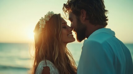 A romantic couple shares a tender moment as they embrace against the backdrop of a stunning ocean sunset, showcasing love, connection, and the beauty of shared experiences.