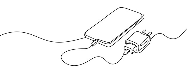Obraz premium Continuous line, smartphone and charging cable Simple art lines on transparent background, editable strokes.