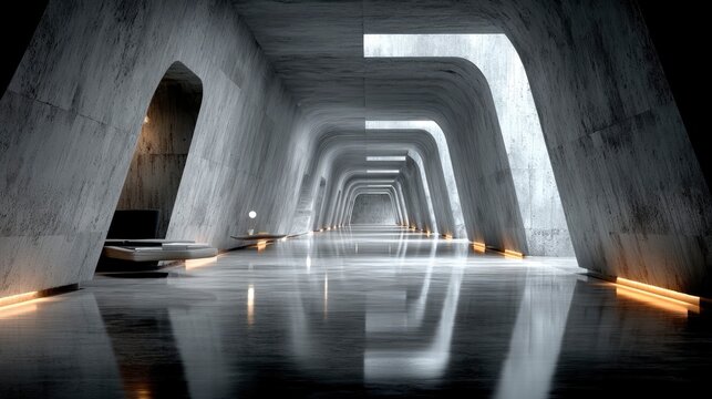 Futuristic Concrete Corridor with Reflective Floor and Geometric Walls