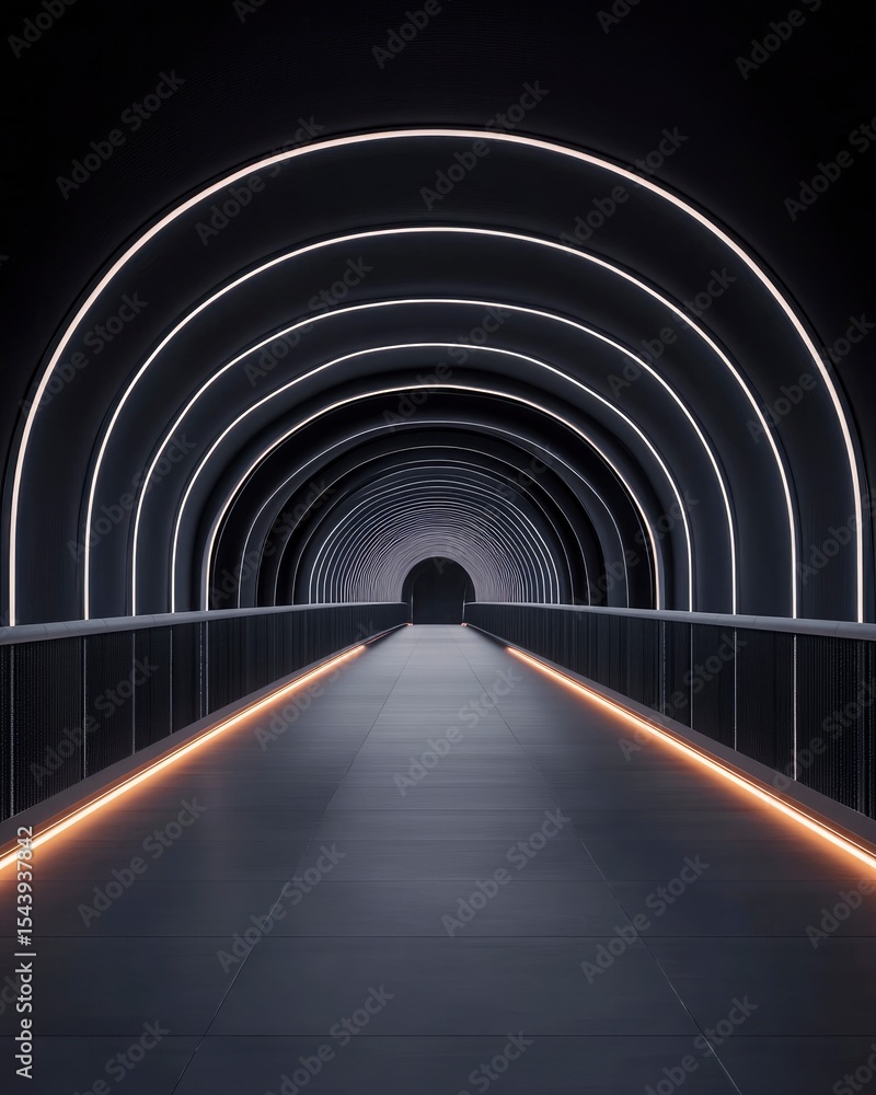 Poster futuristic glowing bridge tunnel with arching beams and illuminated pathway