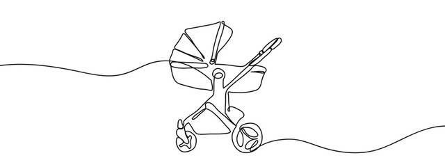 Continuous line, baby stroller, childcare Simple art lines on transparent background, editable strokes.