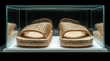 A pair of light beige braided sandals displayed in a clear glass case