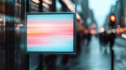 A visually striking abstract display board showcasing blended colors against a blurred cityscape backdrop, capturing the energy and vibrancy of urban life in a unique artistic way.