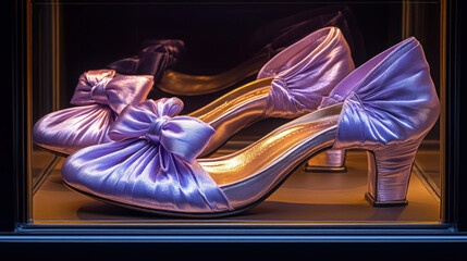 Pair of lavender satin heels, display case