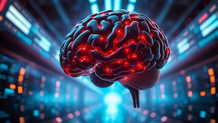 A futuristic visual illustration of a human brain glowing bright red, depicting intense neuronal activity.