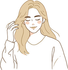 Serene Young Woman Gently Touching Her Hair, Expressing Calmness, Beauty, Natural Elegance, Self-Care Moment, Inner Peace, Mindfulness, Graceful Pose, Feminine Charm, 