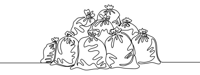 Continuous line, pile of garbage bags, pile of black bags Simple art lines on transparent background, editable strokes.