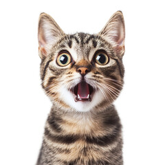Fototapeta premium Funny cute tabby cat portrait looking shocked or surprised, isolated on transparent background.