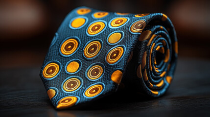 Rolled necktie, navy blue with golden circles