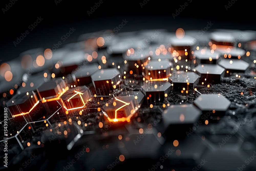 Poster global network abstract: illuminated hexagonal grid on dark background