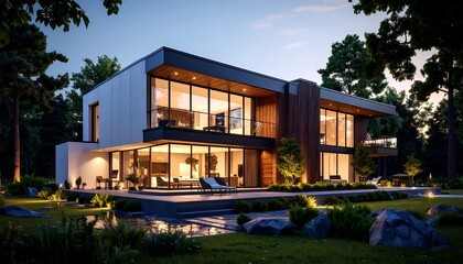 Obraz premium Modern house with forest, and night view.