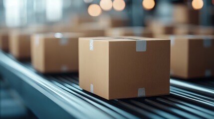 An intriguing image of cardboard boxes on a conveyor belt in a warehouse, symbolizing modern commerce and the continuous flow of goods in a fast-paced economy.