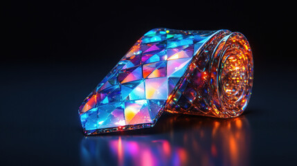 A vibrant,  faceted tie,  glowing with iridescent colors